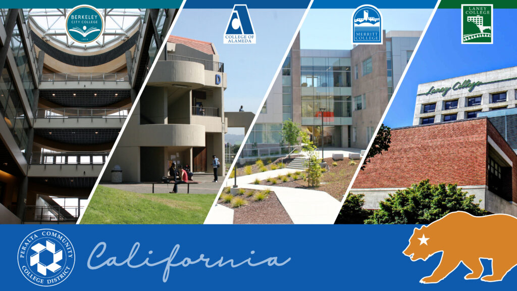 A collage of four California community college campuses—Berkeley City College, College of Alameda, Merritt College, and Laney College—with their logos and a California graphic at the bottom.